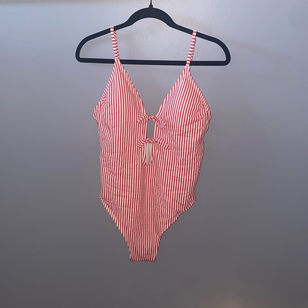New without tags red and white striped one piece bathing suit XL